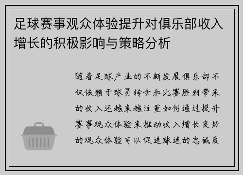 足球赛事观众体验提升对俱乐部收入增长的积极影响与策略分析 足球赛事观众体验提升对俱乐部收入增长的积极影响与策略分析