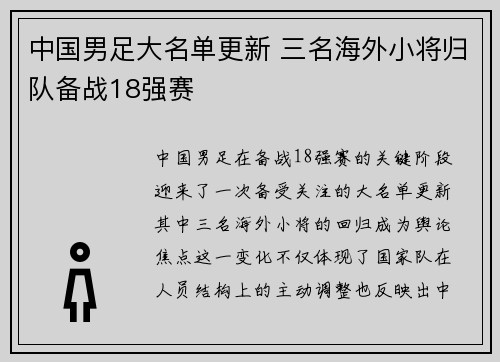 中国男足大名单更新 三名海外小将归队备战18强赛
