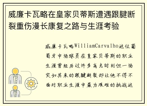 威廉卡瓦略在皇家贝蒂斯遭遇跟腱断裂重伤漫长康复之路与生涯考验