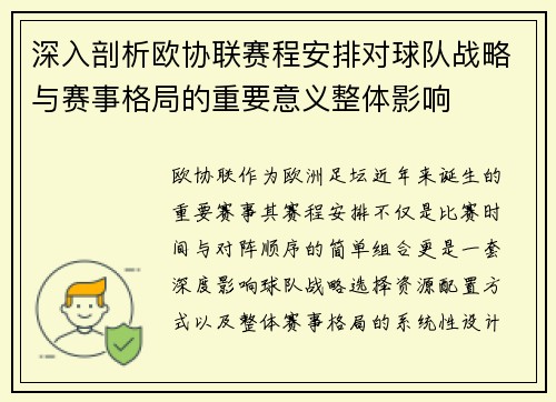 深入剖析欧协联赛程安排对球队战略与赛事格局的重要意义整体影响